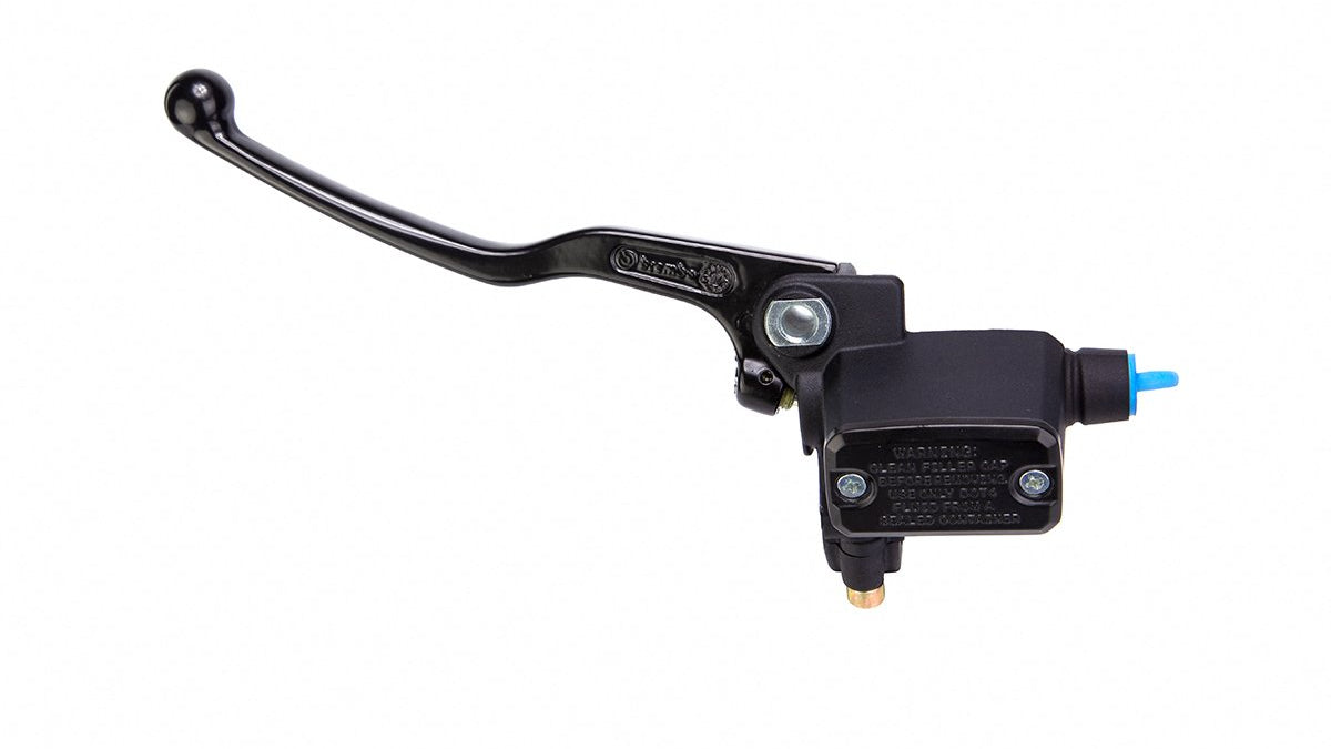 Black brake lever with blue fluid reservoir on a white background