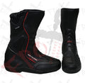 Black motorbike leather shoes with red accents on a white background