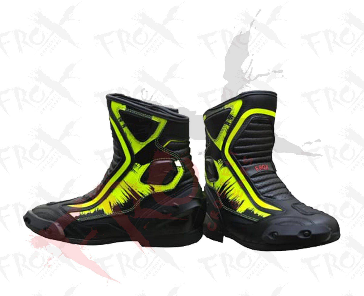 Black and yellow motorbike leather shoes on a white background with branding.