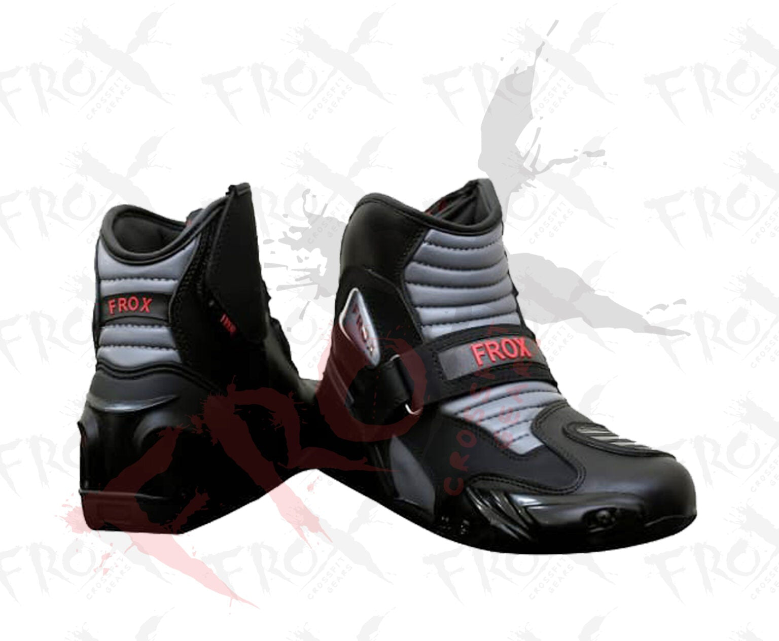 Pair of black and gray motorbike leather shoes with 'Frox' branding on a white background.