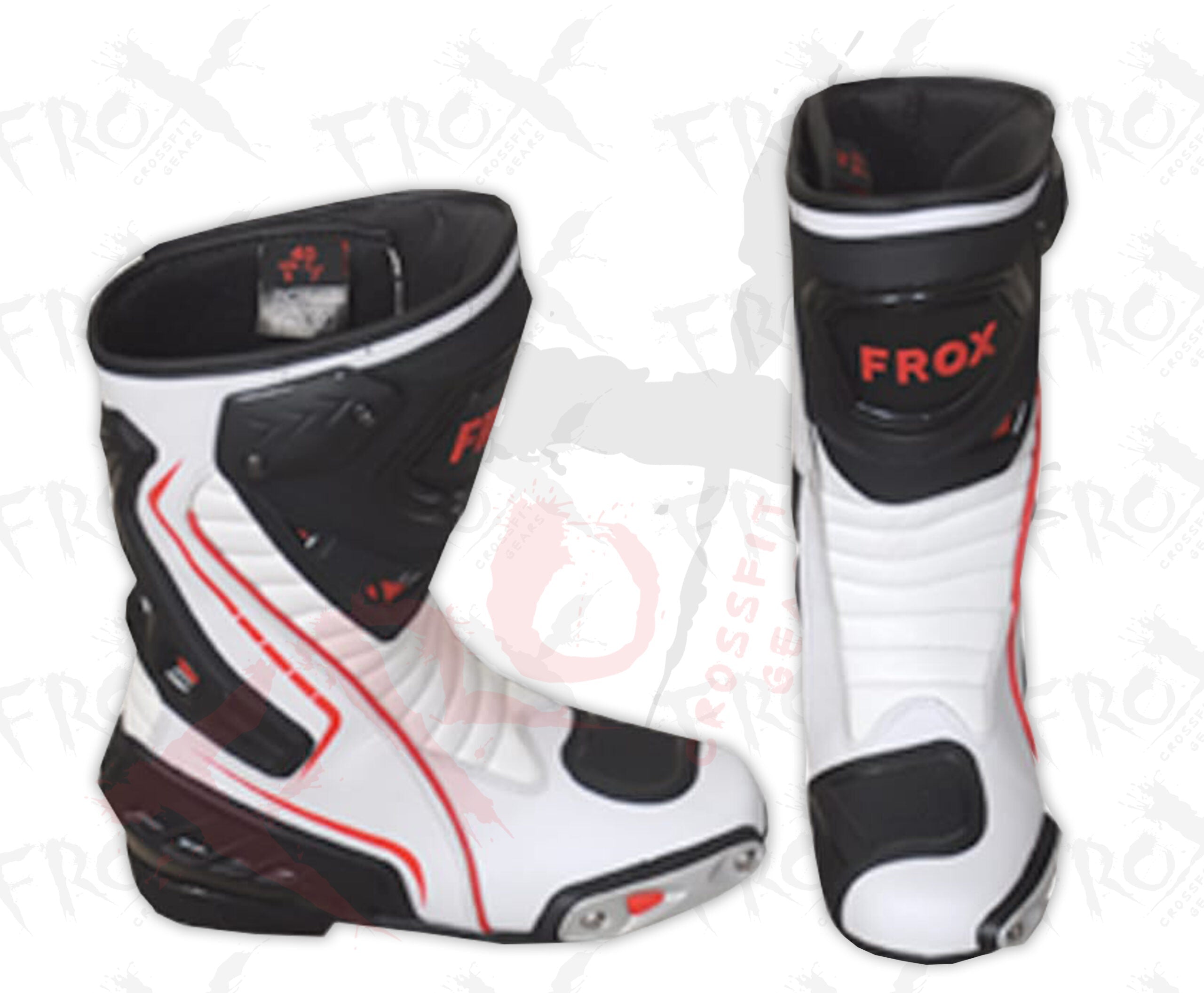 White motorcycle boots with black and red accents on a white background, featuring the brand 'Frox'.
