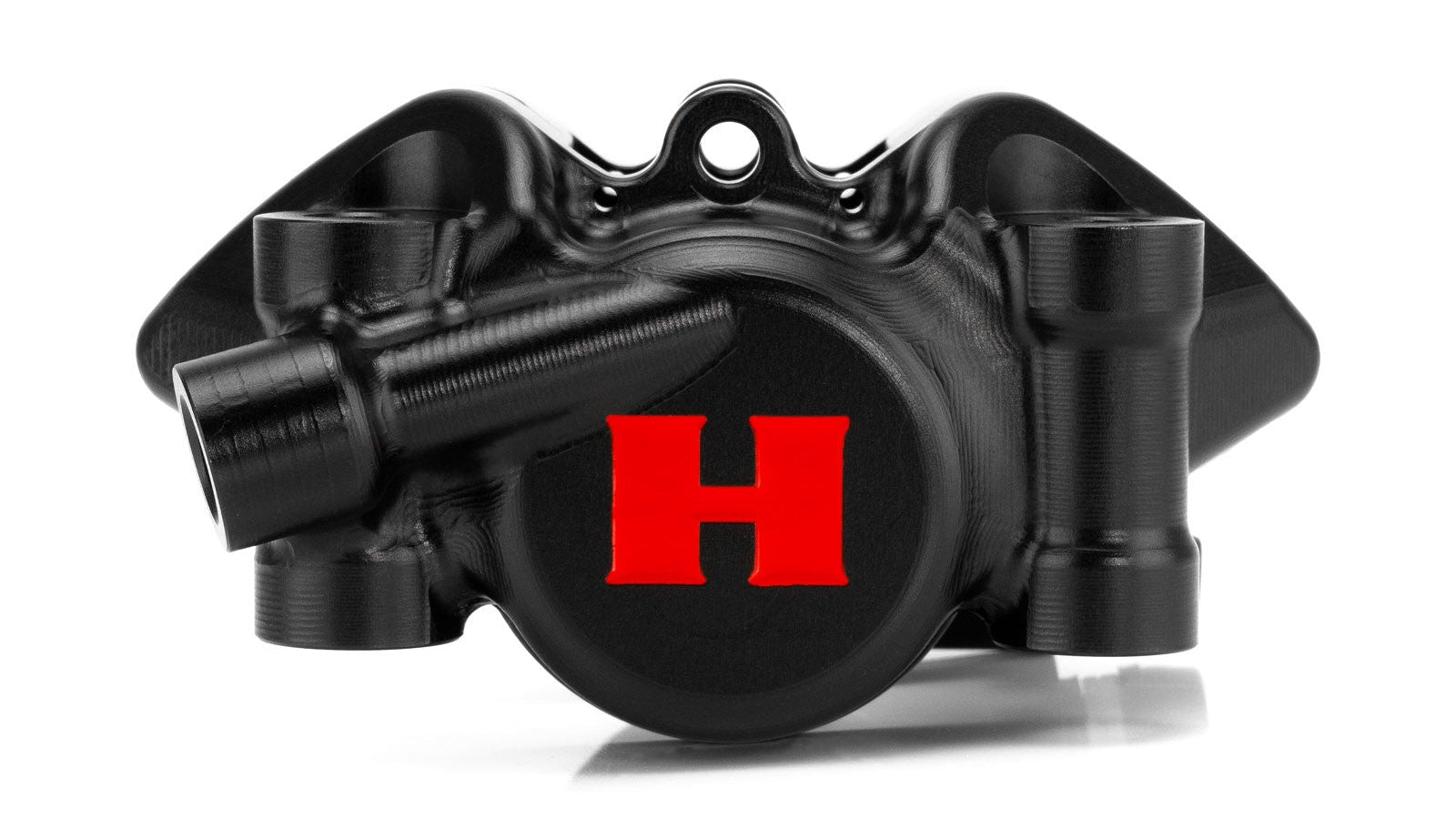 Black mechanical component with a red 'H' logo on a white background