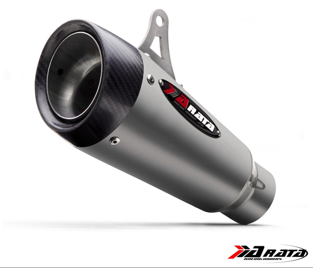 Carbon fiber exhaust pipe with Rata logo on a white background