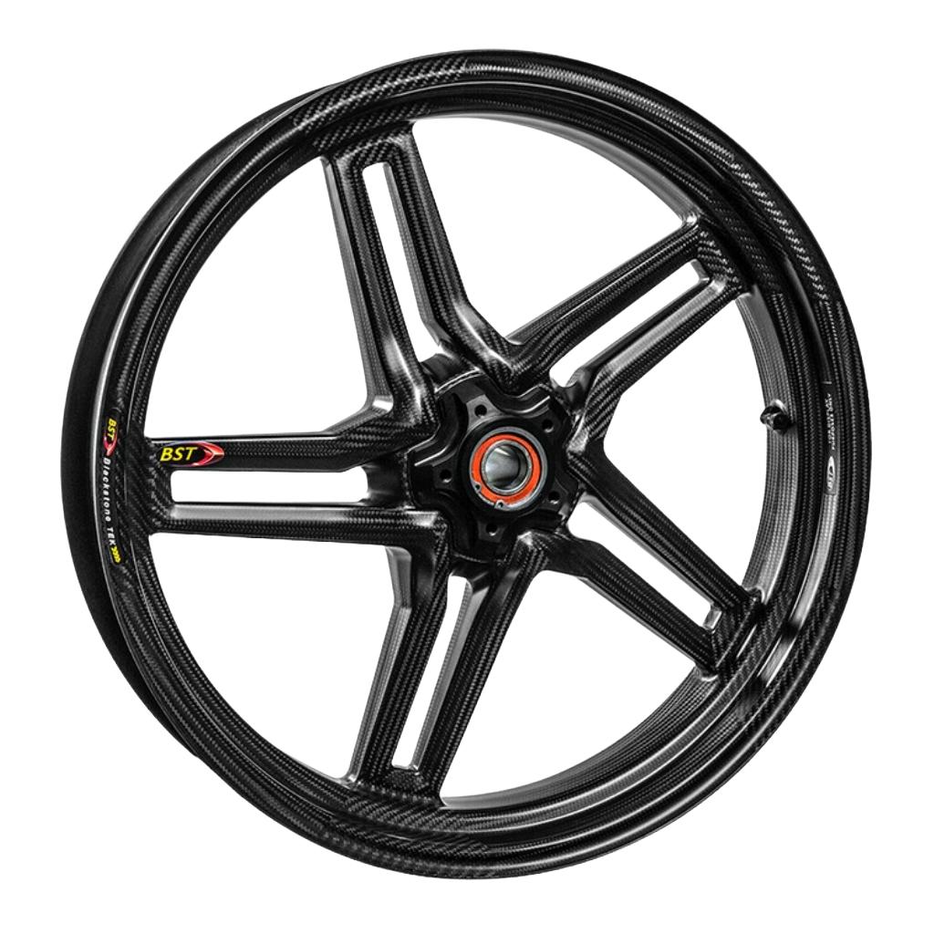 Black motorcycle wheel with BST branding on a white background