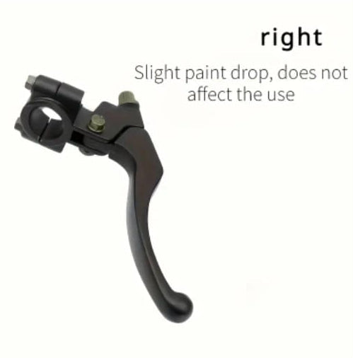 Black motorcycle lever with text indicating slight paint drop on a white background