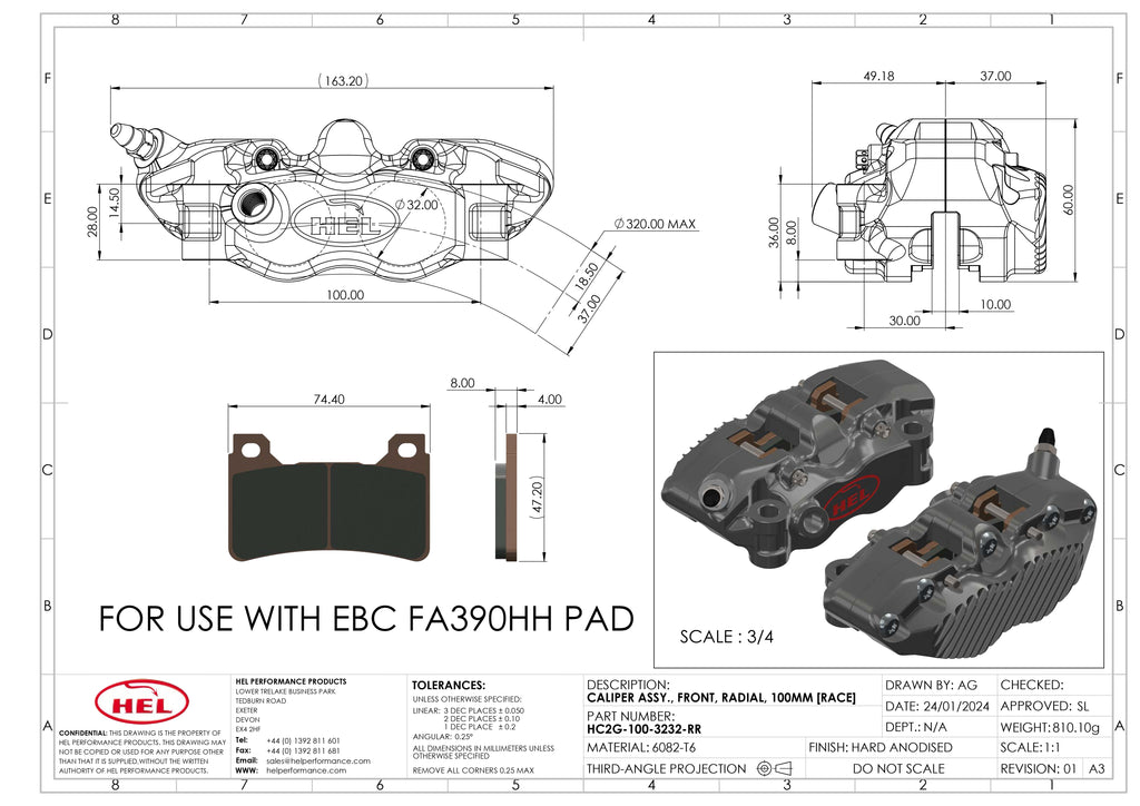 HEL V1 Solid Billet 4 Piston Front Radial Brake Calipers (100mm / 108mm)