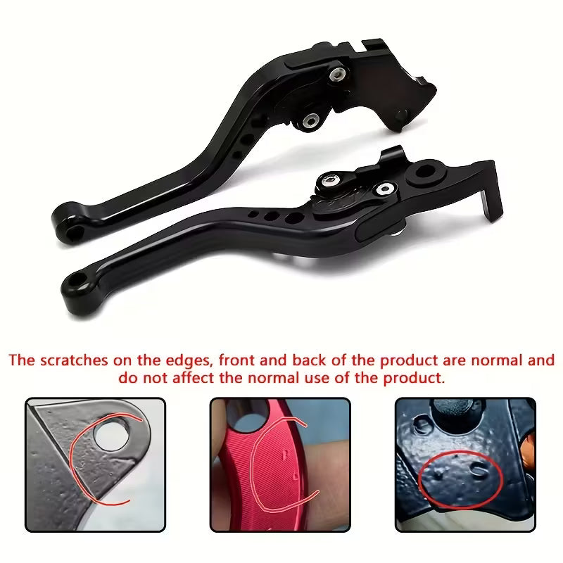 Pair of black motorcycle brake levers on a white background with text about product condition.