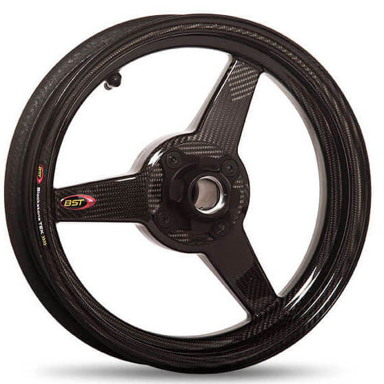 Carbon fiber wheel with BST branding on a white background